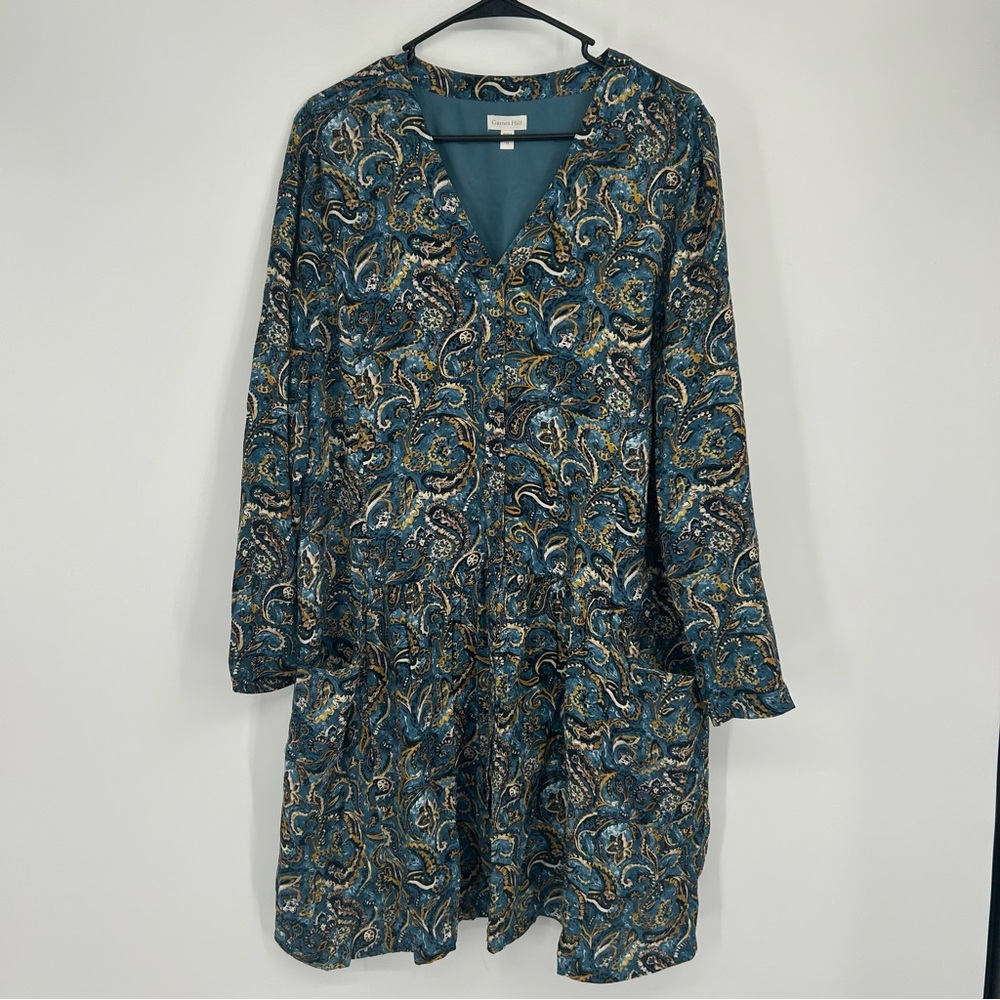 Garnet Hill Teal Paisley Print Long Sleeve Dress‎ Size 14